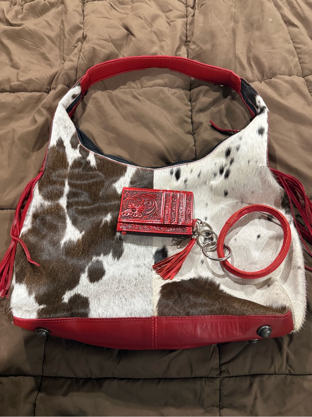 New!!Genuine Cowhide Shoulder Bag with Red Genuine Leather Trim & Tassel Keyring